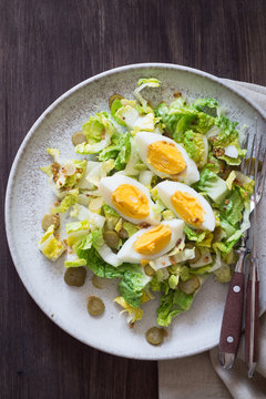 Green Salad with Pickled Cucumbers and Hard-Boiled Egg