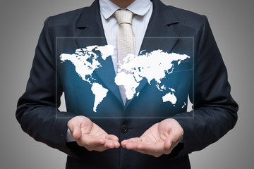 Businessman standing posture hand holding world map isolated