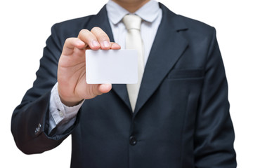 Businessman's hand showing business card isolated