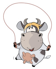 A small cow and a jump rope. Cartoon