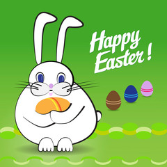 A white fat rabbit is catching easter eggs