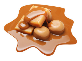 Caramel toffee and sauce isolated