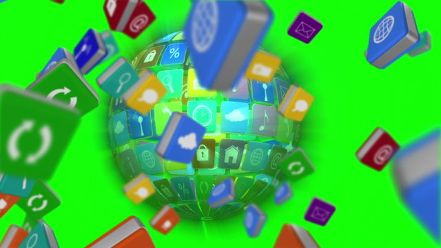 Falling computer app icon tiles with globe