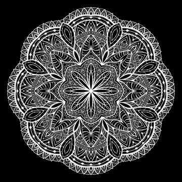 Knitted, Lacy, vector mandala on a black background