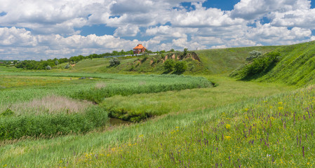 Obraz premium Spring landscape with small river Sura in Ukraine