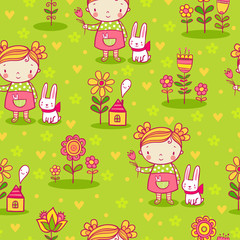 Cute girl and flowers seamless pattern