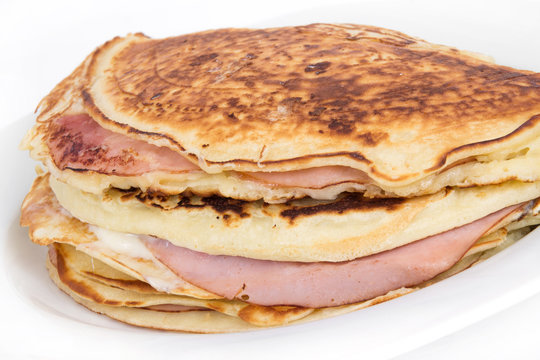 ham and cheese pancake breakfast over white