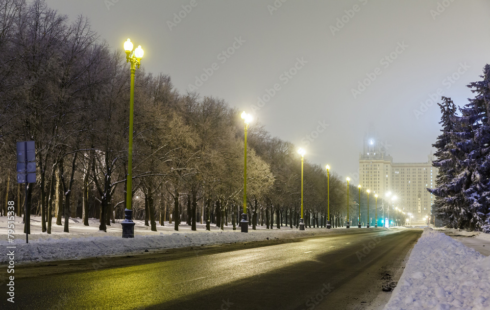 Wall mural night street and University of Moscow