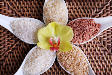 Different types of rice in spoons on wicker background