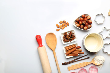 Food ingredients and kitchen utensils for cooking isolated