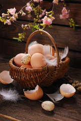 easter eggs in wicker basket on wooden background