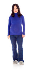 Pregnant asian woman isolated on white upset