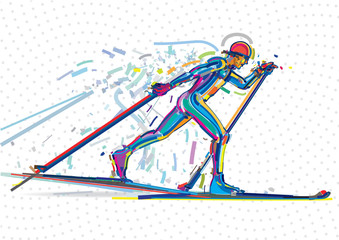Skiing competition. Artwork in the style of paint strokes