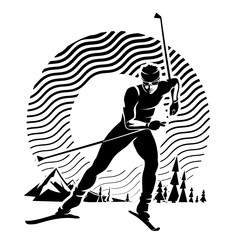 Cross country skiing. illustration in the engraving style.