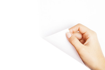 One human hand open white page of paper