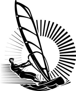 Windsurfing. Illustration in the engraving style.