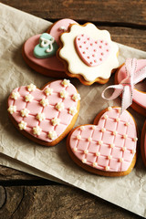 Heart shaped cookies for valentines day on wooden background