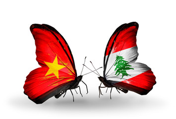 Two butterflies with flags Vietnam and Lebanon