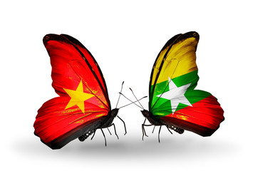 Two butterflies with flags Vietnam and Myanmar