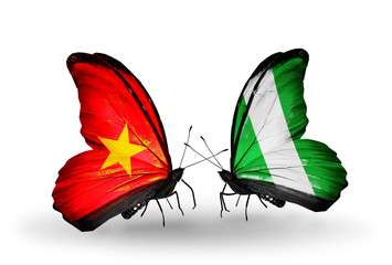 Two butterflies with flags Vietnam and Nigeria