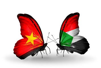 Two butterflies with flags Vietnam and Sudan