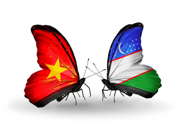 Two butterflies with flags Vietnam and Uzbekistan