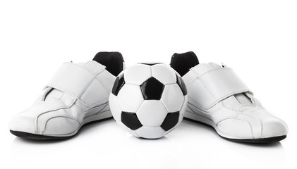 shoes and a football isolated on white background.   soccer ball