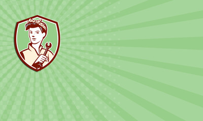 Business card Female Mechanic Worker Holding Spanner Retro