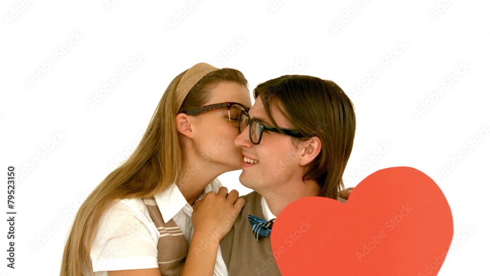 Aufkleber in slow motion smiling geeky hipster and his girlfriend