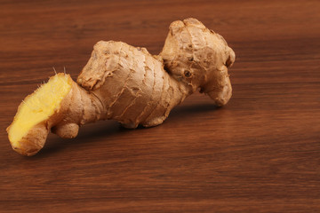 The Ginger root on the wood