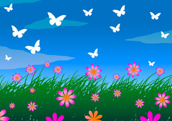 Vector illustration. Grass, sky and meadow flowers.