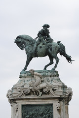 Fototapeta na wymiar Old historical bronze statue of a warrior, riding a horse in Budapest