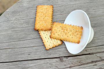 Tasty of crackers on wood table