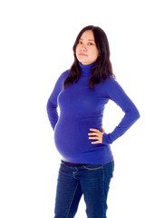 Pregnant asian woman isolated on white hands on hips