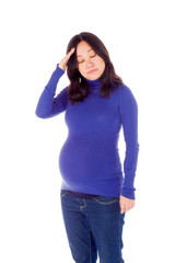 Pregnant asian woman isolated on white with problems