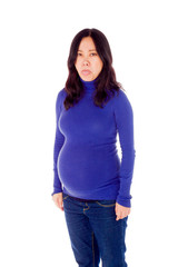 Pregnant asian woman isolated on white tongue out