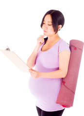 Pregnant asian woman isolated on white with sign