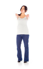 Pregnant asian woman isolated on white negative with fingers dow