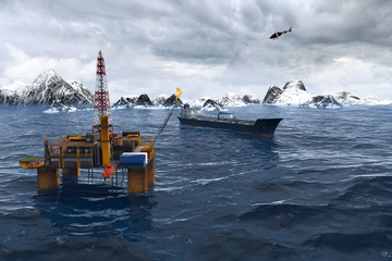 Oil platform in the Arctic Ocean, the oil production