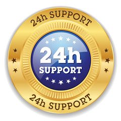 Blue 24h support button with gold border