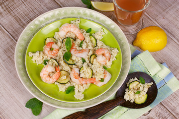 Cous cous salad with shrimps, zucchini and mint