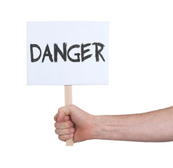 Hand holding sign, isolated on white