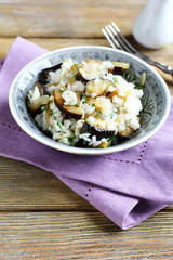 Rice with mushrooms and eggplant in a bowl