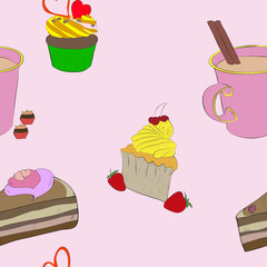 Seamless pattern background with cakes and coffee