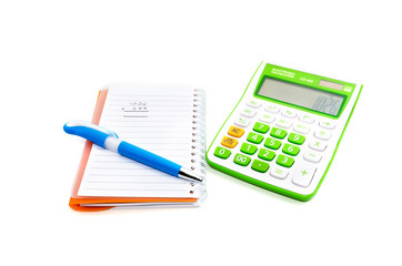 note book with a blue pen and calculator on white background