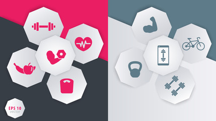 3d octagonal elements with fitness icons for apps, web