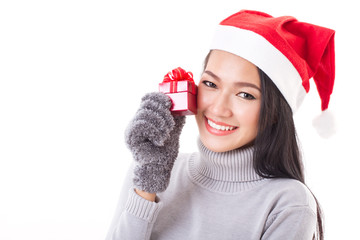 happy woman with red gift box and christmas santa hat