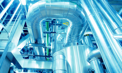 Obraz premium Industrial zone, Steel pipelines in blue tones