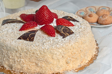 Cake with strawberries and decorations