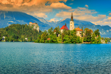 Naklejka premium Stunning panorama with Lake Bled,Slovenia,Europe